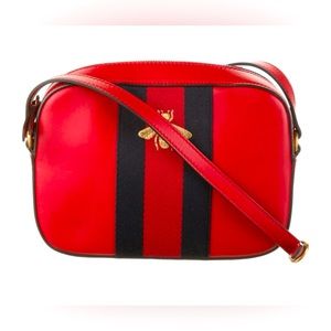 Gucci Web Accented Red Leather Bee Crossbody Bag